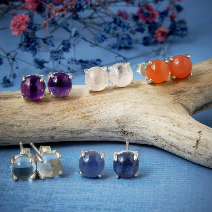 Medium Size Silver and Natural Gemstone Stud Earrings - Ready to Ship