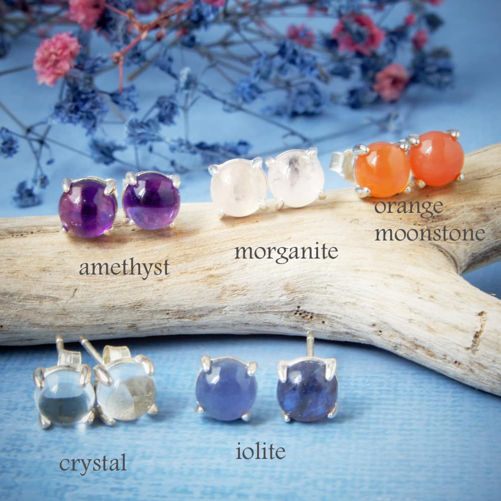 Medium Size Silver and Natural Gemstone Stud Earrings - Ready to Ship