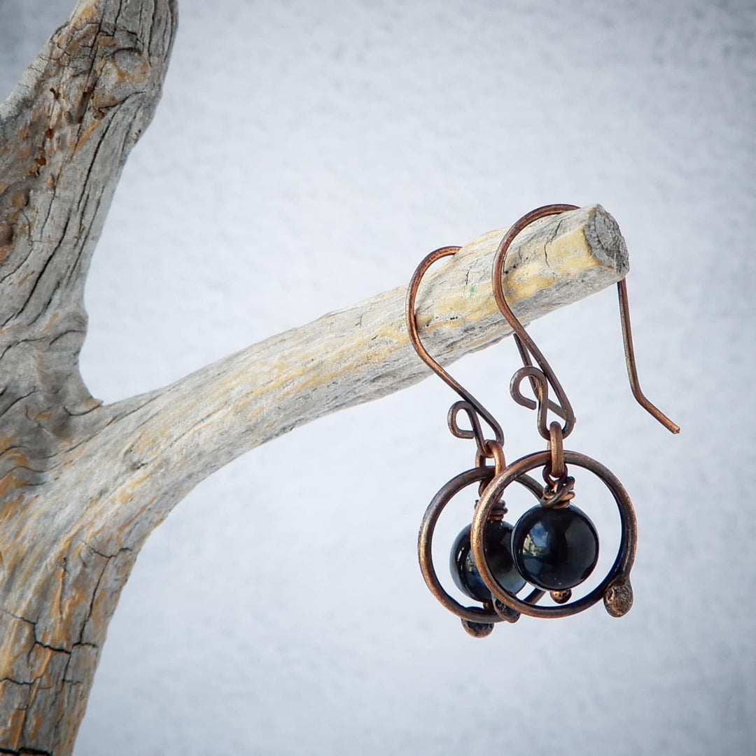 BLACK AGATE HOOP DANGLE EARRINGS