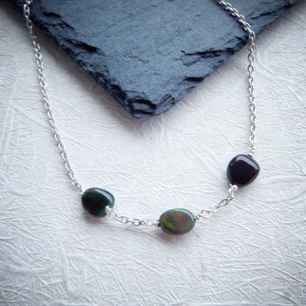 Black Opal Nugget and Silver Chain Bracelet