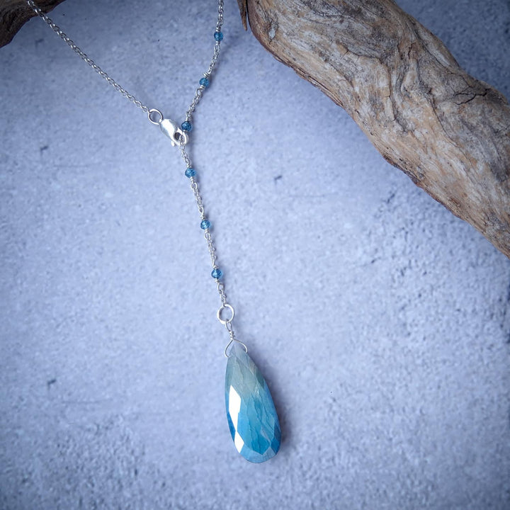 SILVER AND TOPAZ BLUE MOONSTONE LARIAT NECKLACE