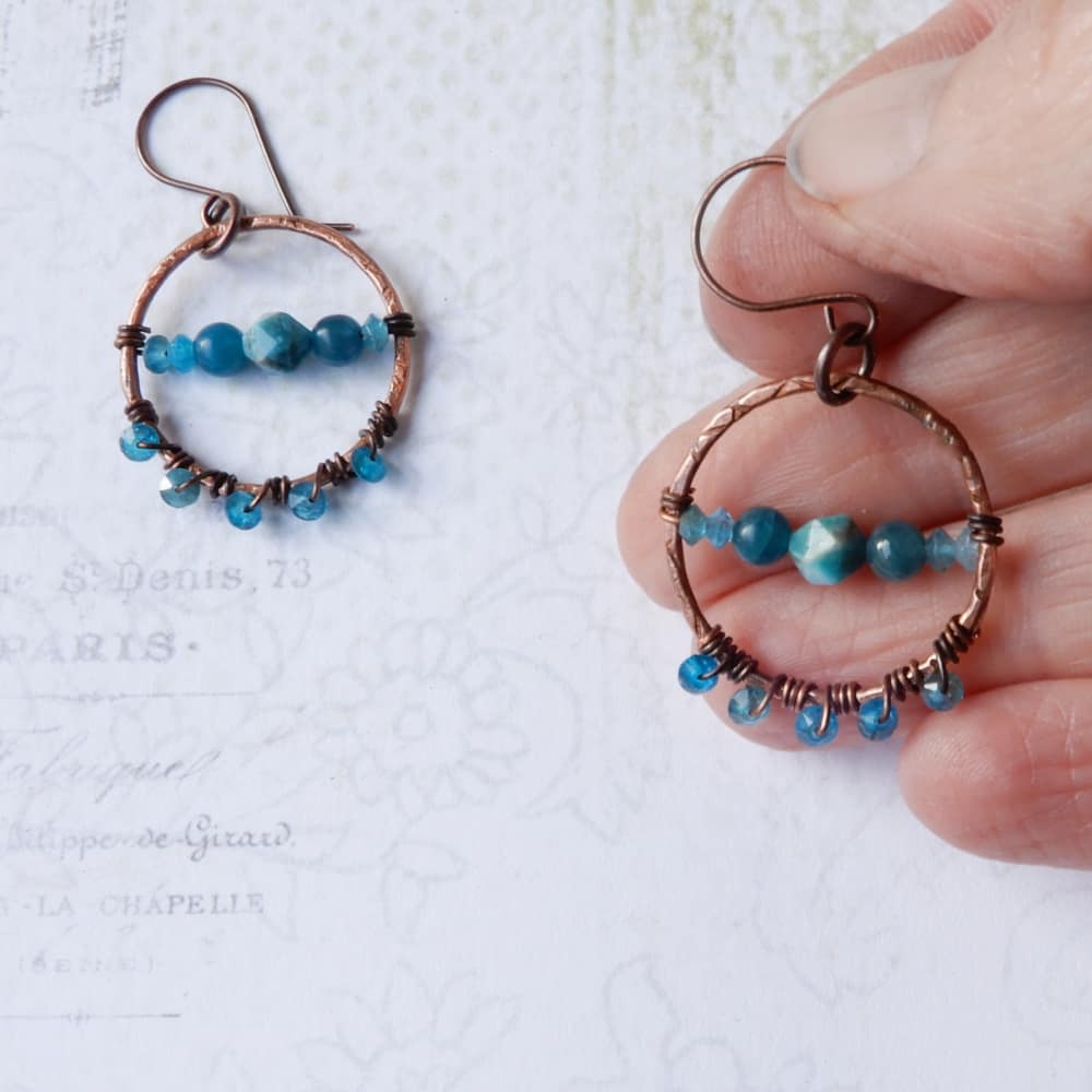 copper and apatite dangle hoop earrings
