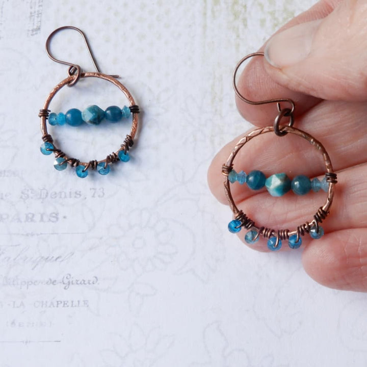 copper and apatite dangle hoop earrings