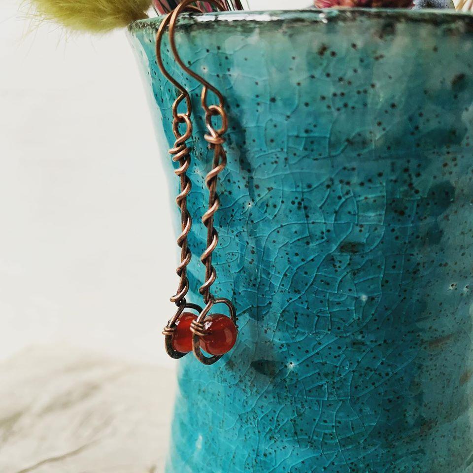 red agate twisted bar copper earrings