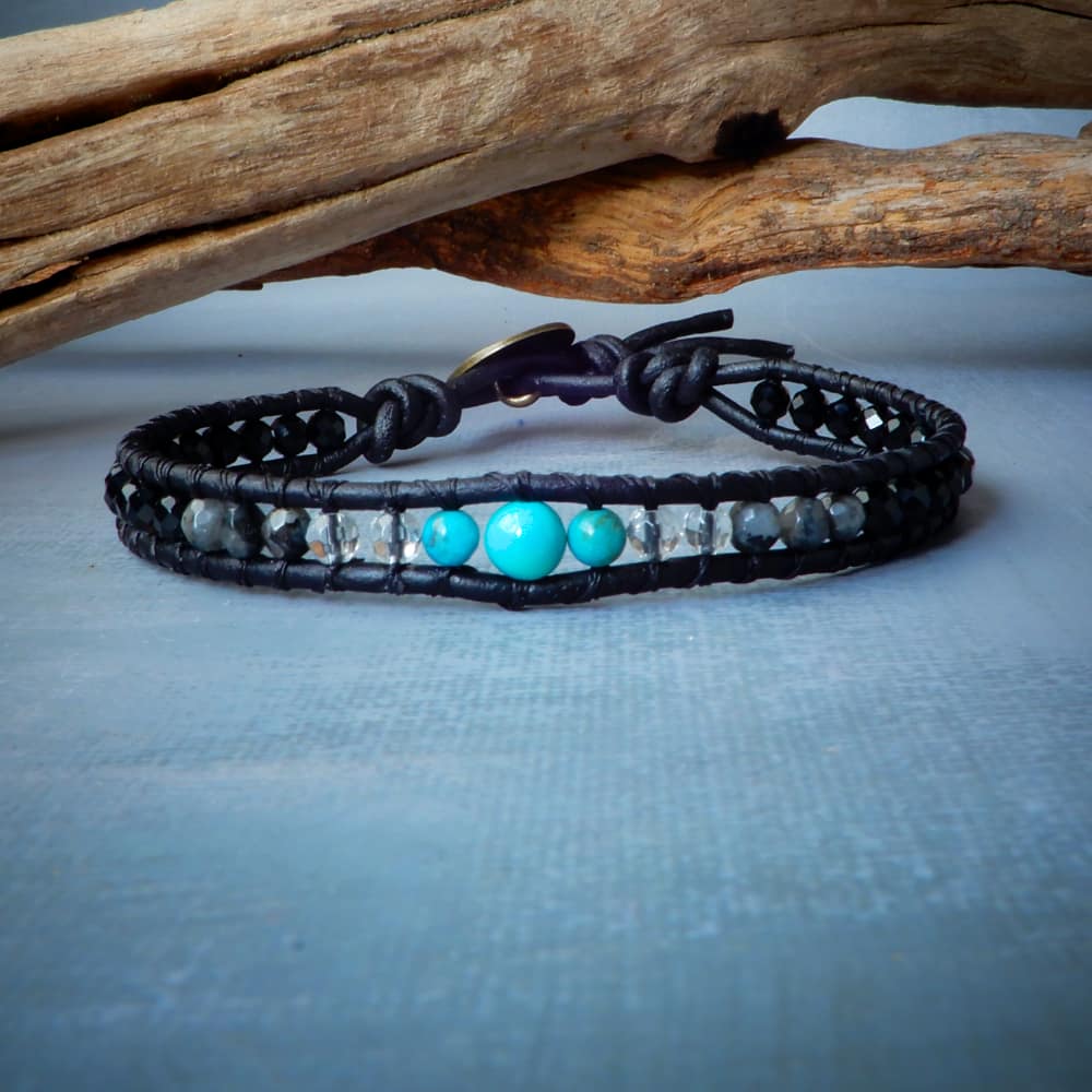 FEARLESS Men's Black Turquoise Leather Wrap Bracelet