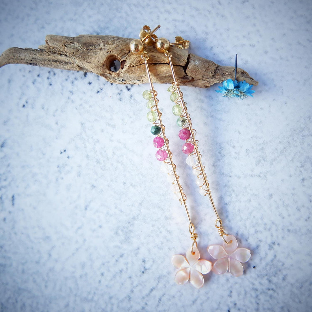 GOLD BAR SAKURA CHERRY BLOSSOM LONG EARRINGS