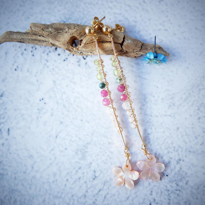 GOLD BAR SAKURA CHERRY BLOSSOM LONG EARRINGS