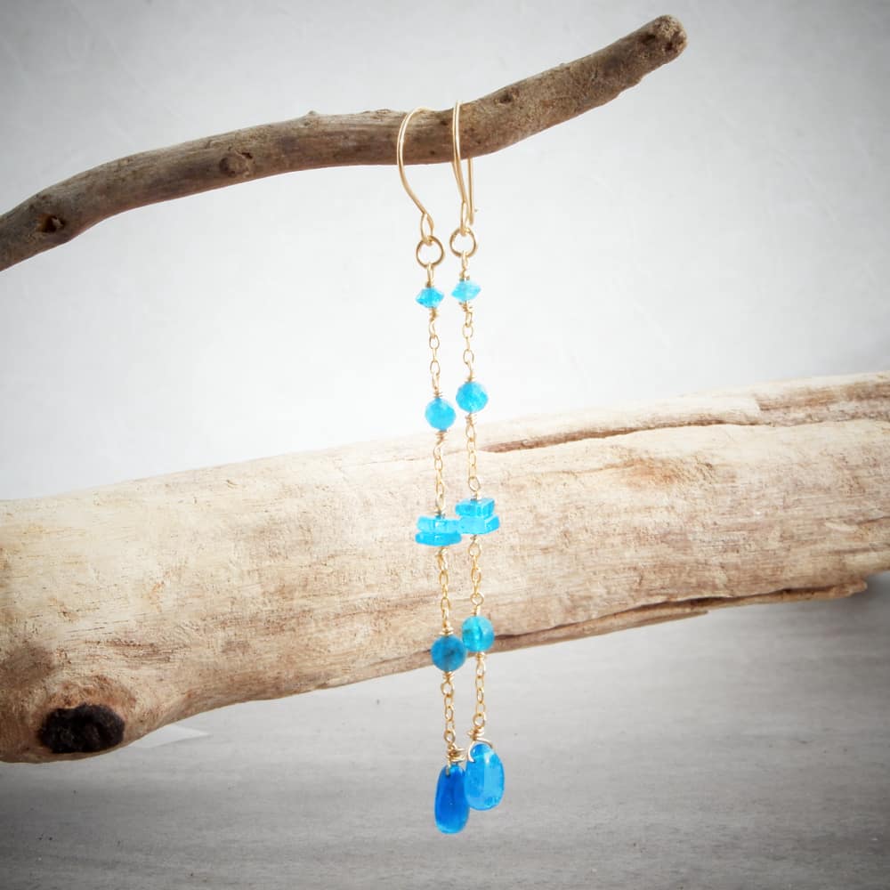gold and blue apatite long chain dangle earrings
