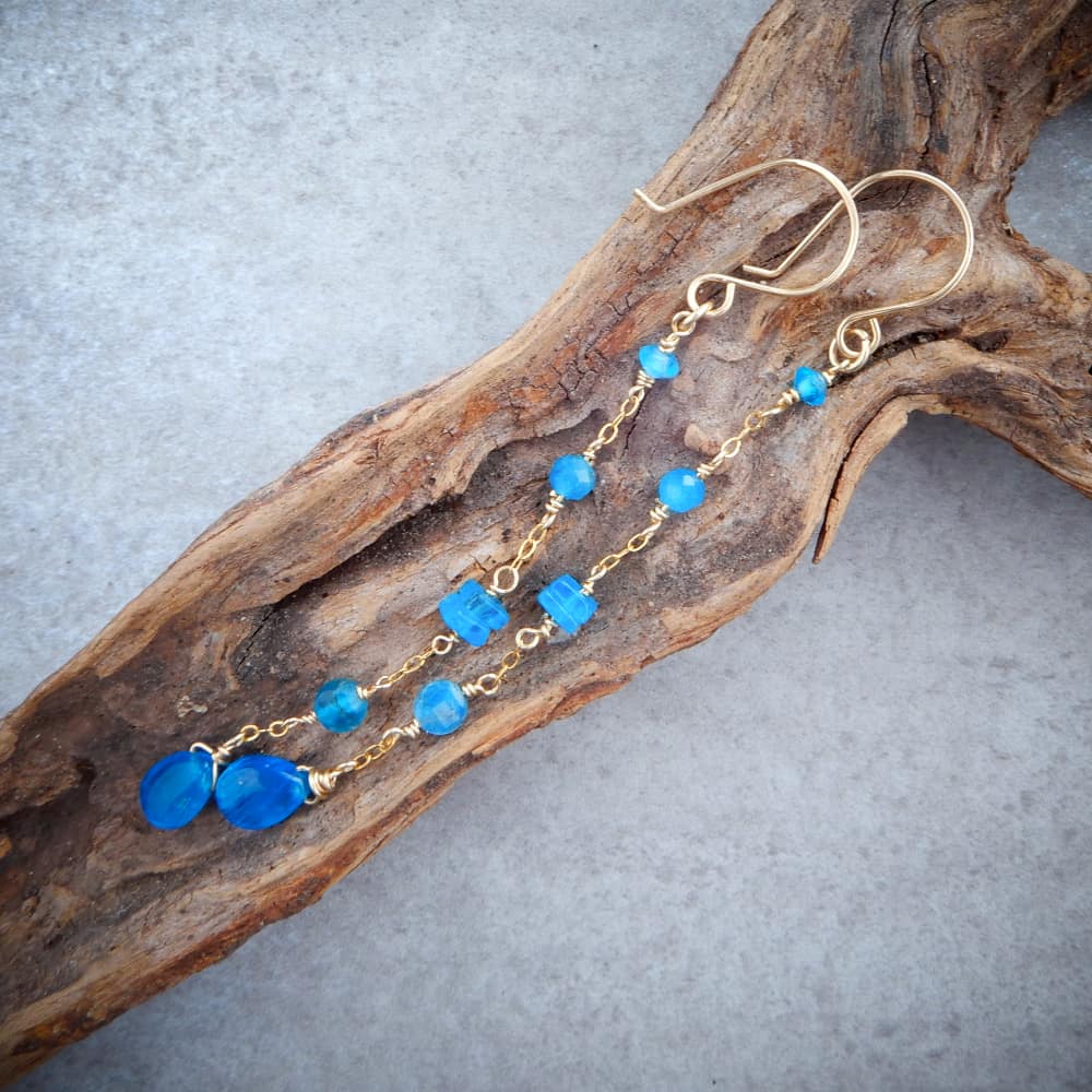 gold and blue apatite long chain dangle earrings