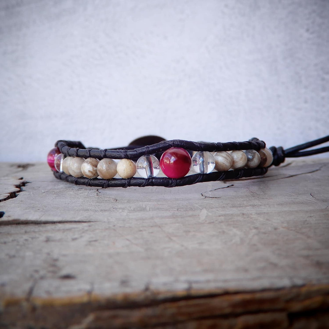 READY to SHIP | Beige Jasper and Magenta Tiger Eye Leather Wrap Bracelet