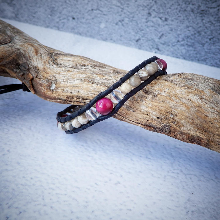 READY to SHIP | Beige Jasper and Magenta Tiger Eye Leather Wrap Bracelet