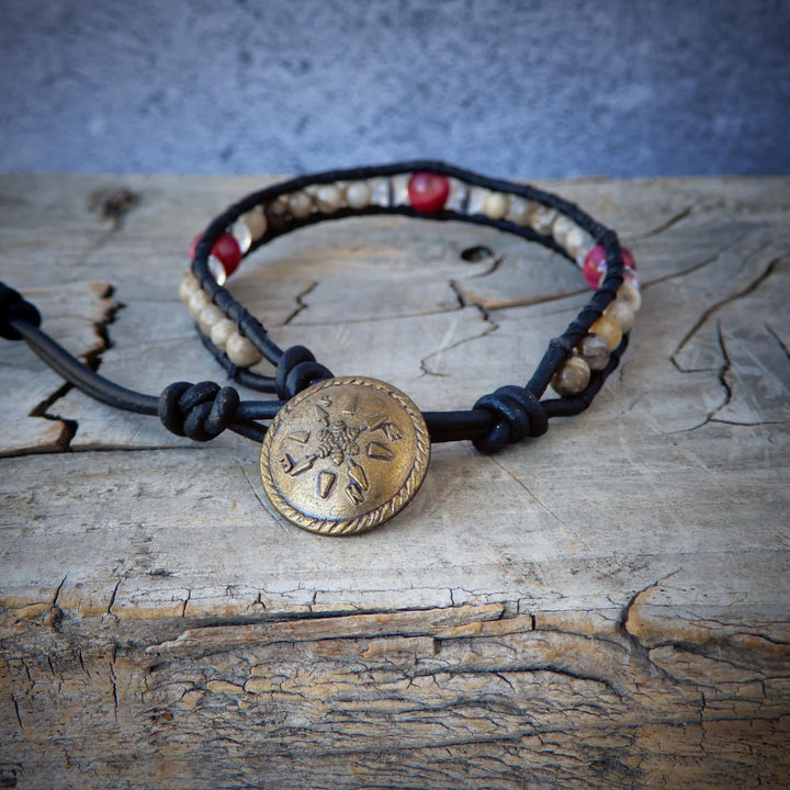 READY to SHIP | Beige Jasper and Magenta Tiger Eye Leather Wrap Bracelet