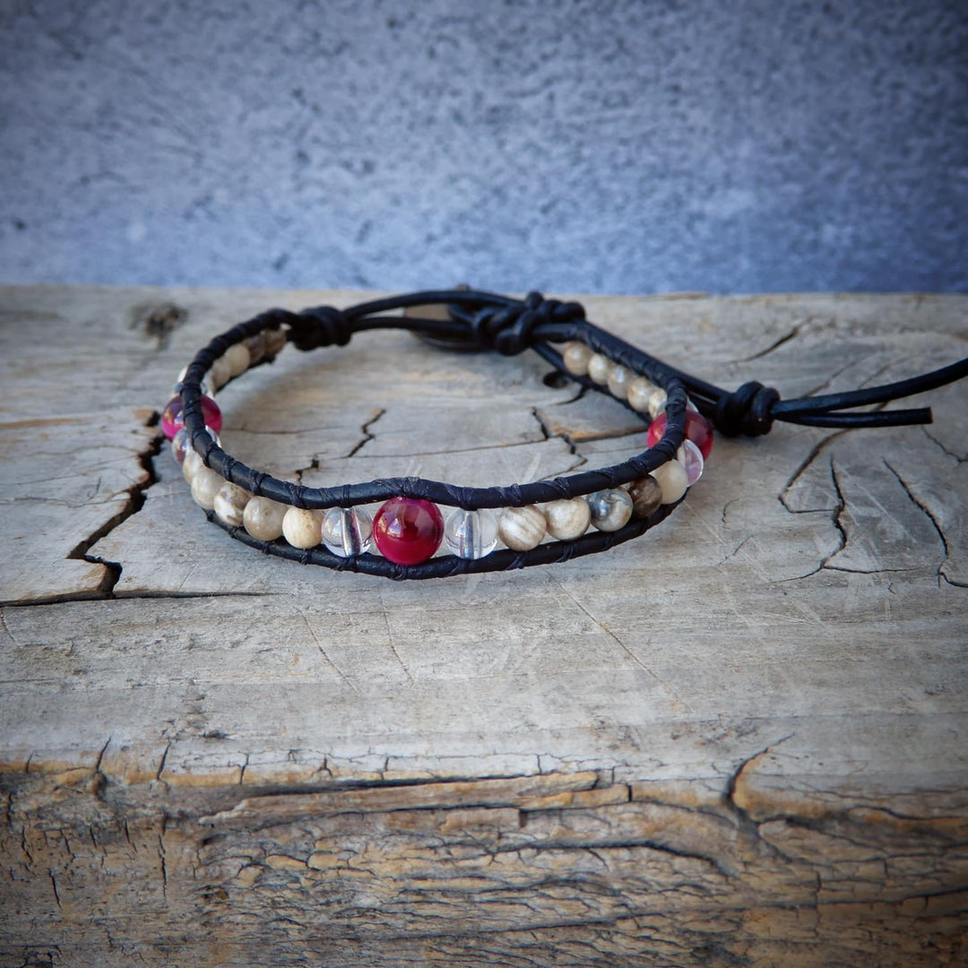 READY to SHIP | Beige Jasper and Magenta Tiger Eye Leather Wrap Bracelet