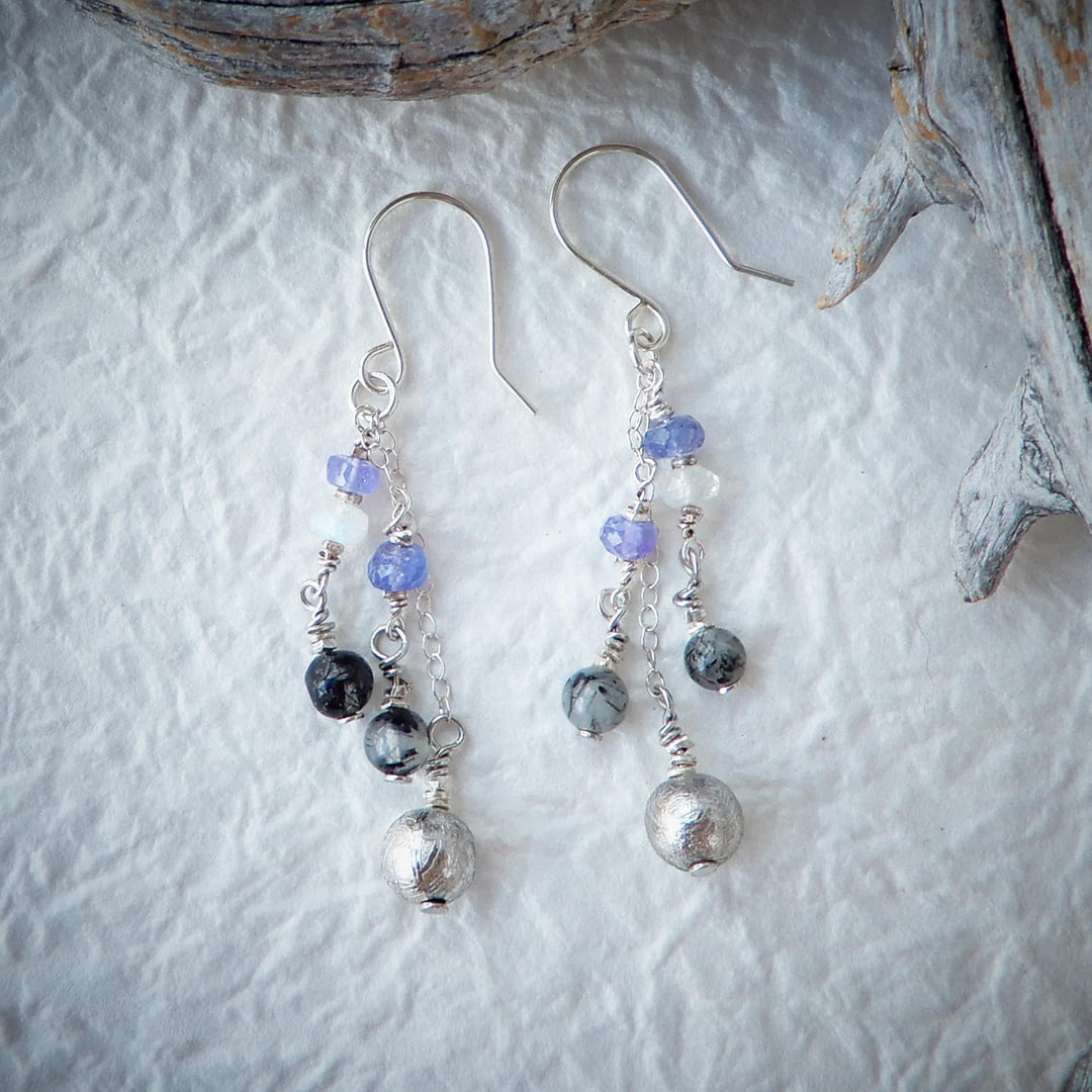 Silver and Meteorite Dangle Earrings