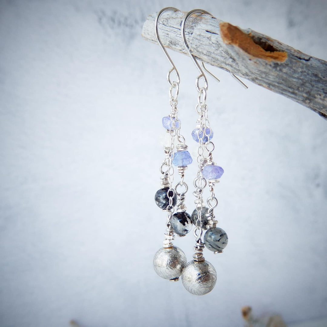 Silver and Meteorite Dangle Earrings