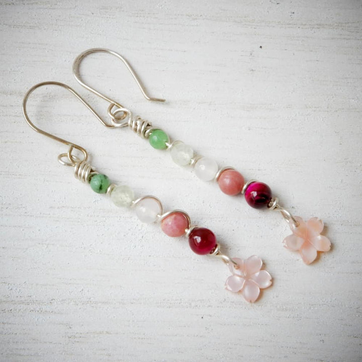 sakura cherry blossom dangle earrings in silver