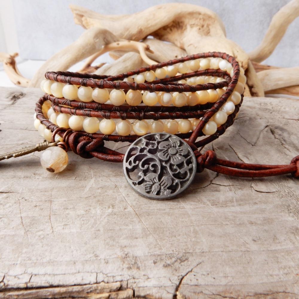 mother of pearl leather wrap bracelet