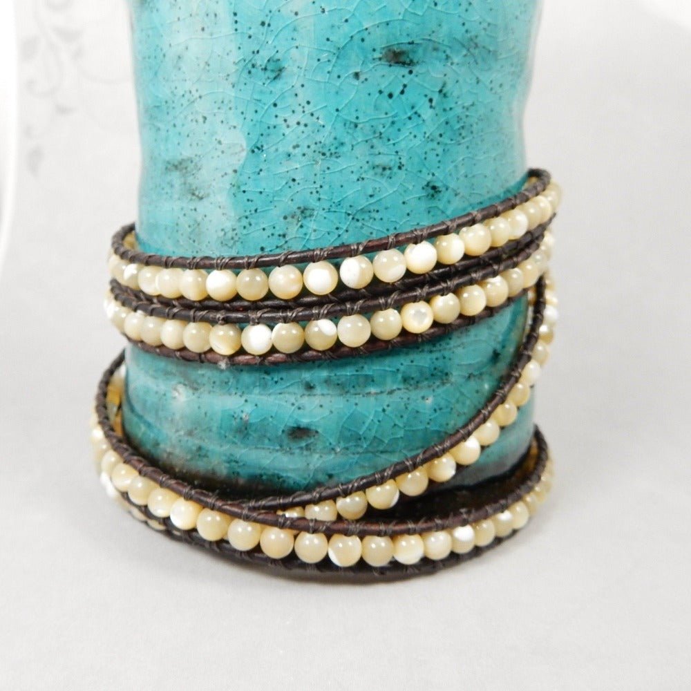 Desert Pearl Leather Wrap Layer Bracelet for Women