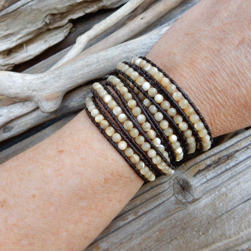 Desert Pearl Leather Wrap Layer Bracelet for Women