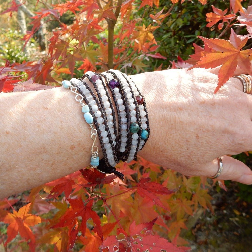natural moonstone and birthstone leather wrap bracelet