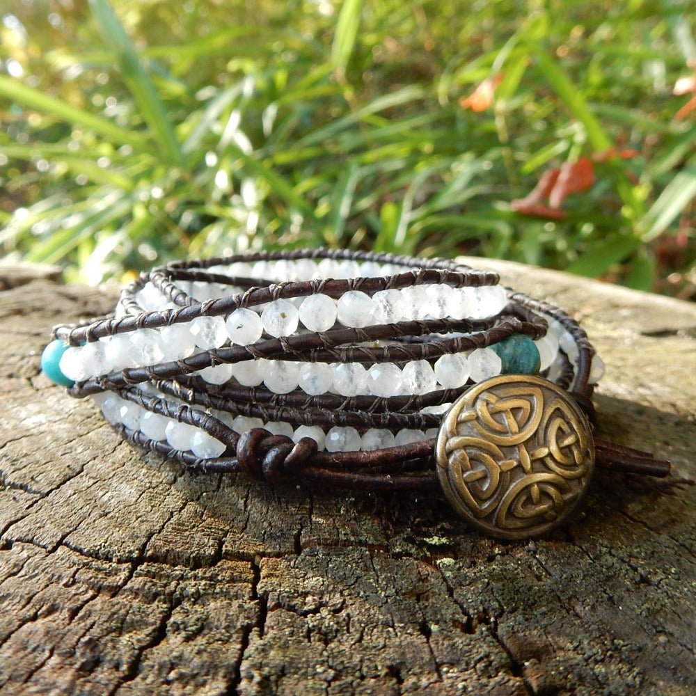 natural moonstone and birthstone leather wrap bracelet