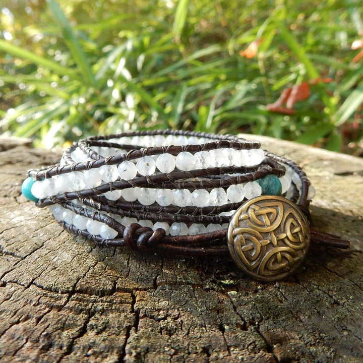 natural moonstone and birthstone leather wrap bracelet