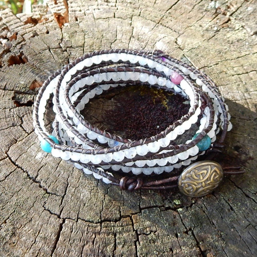 natural moonstone and birthstone leather wrap bracelet
