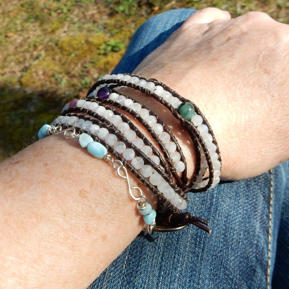 natural moonstone and birthstone leather wrap bracelet
