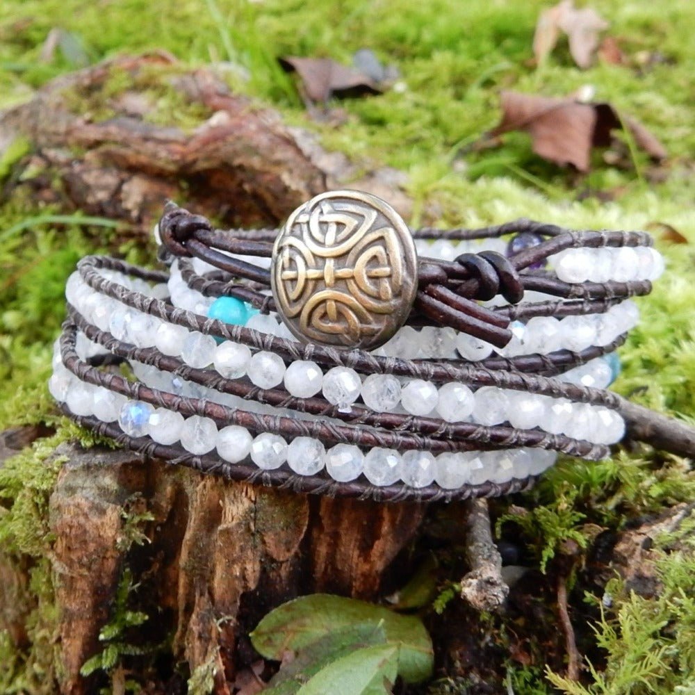 natural moonstone and birthstone leather wrap bracelet