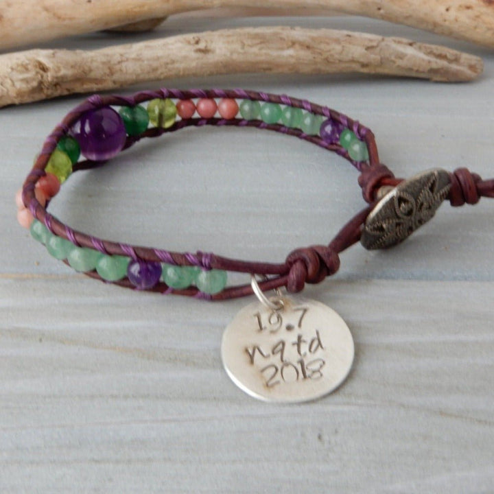 Bracelet - Sobriety Celebration Bracelet, Leather Wrap Gemstone Bracelet, Purple And Green Stone Jewelry