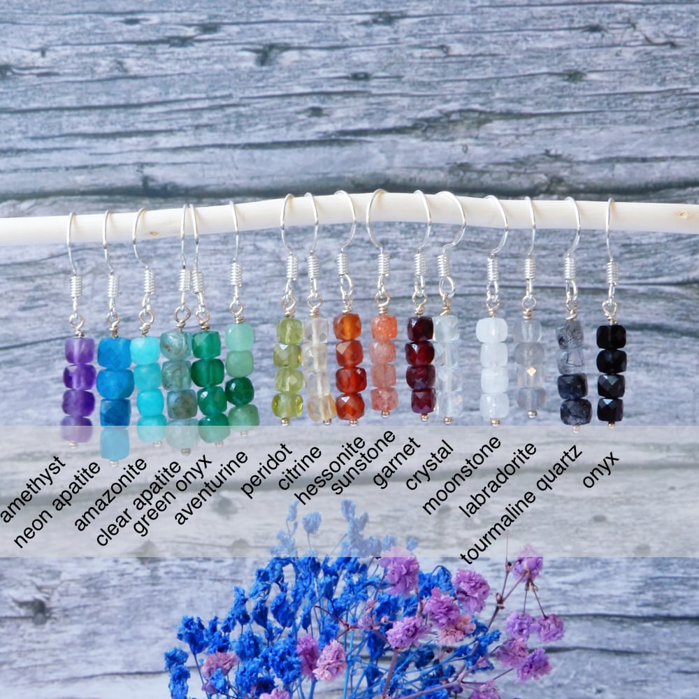 Simple Cube Gemstone Dangle Silver Earrings