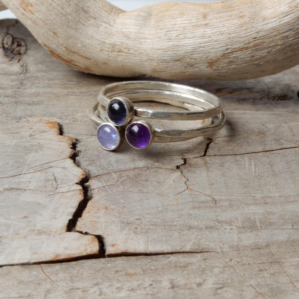 silver stacking ring set iolite, amethyst, tanzanite