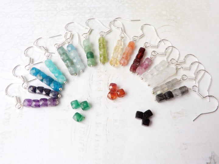 Simple Cube Gemstone Dangle Silver Earrings