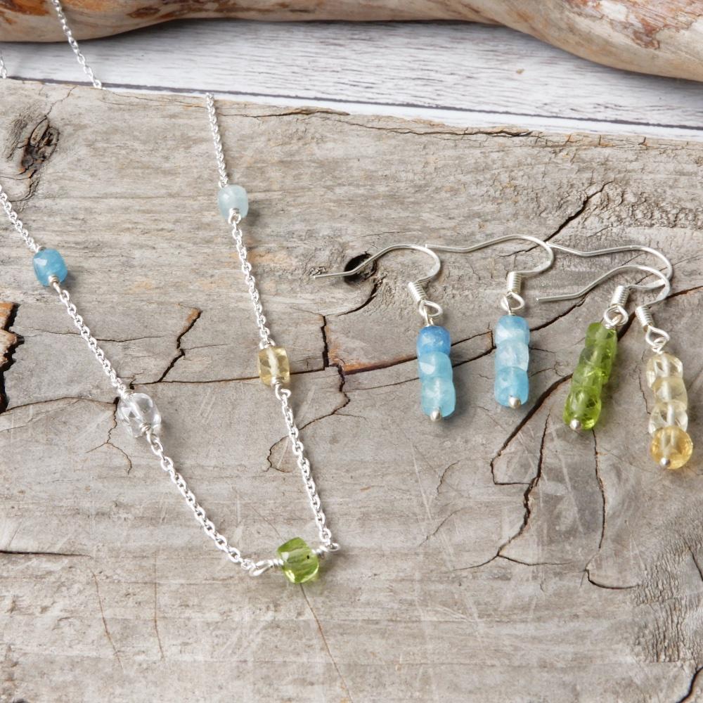 Simple Cube Gemstone Dangle Silver Earrings