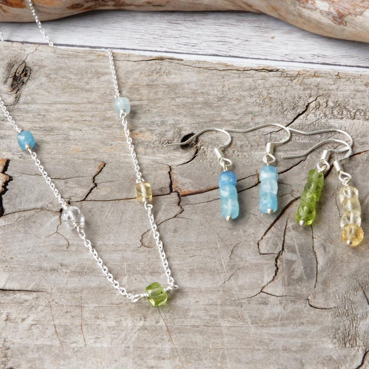 Simple Cube Gemstone Dangle Silver Earrings