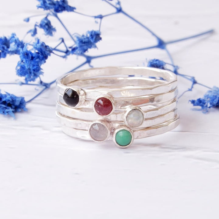 set of 5 thin stacking gemstone silver rings