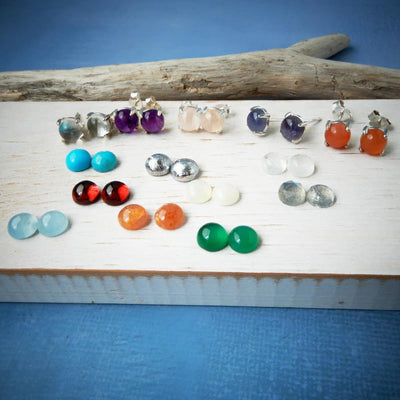 Medium Size Silver and Natural Gemstone Stud Earrings - Ready to Ship