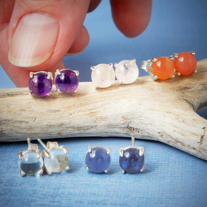 Medium Size Silver and Natural Gemstone Stud Earrings - Ready to Ship