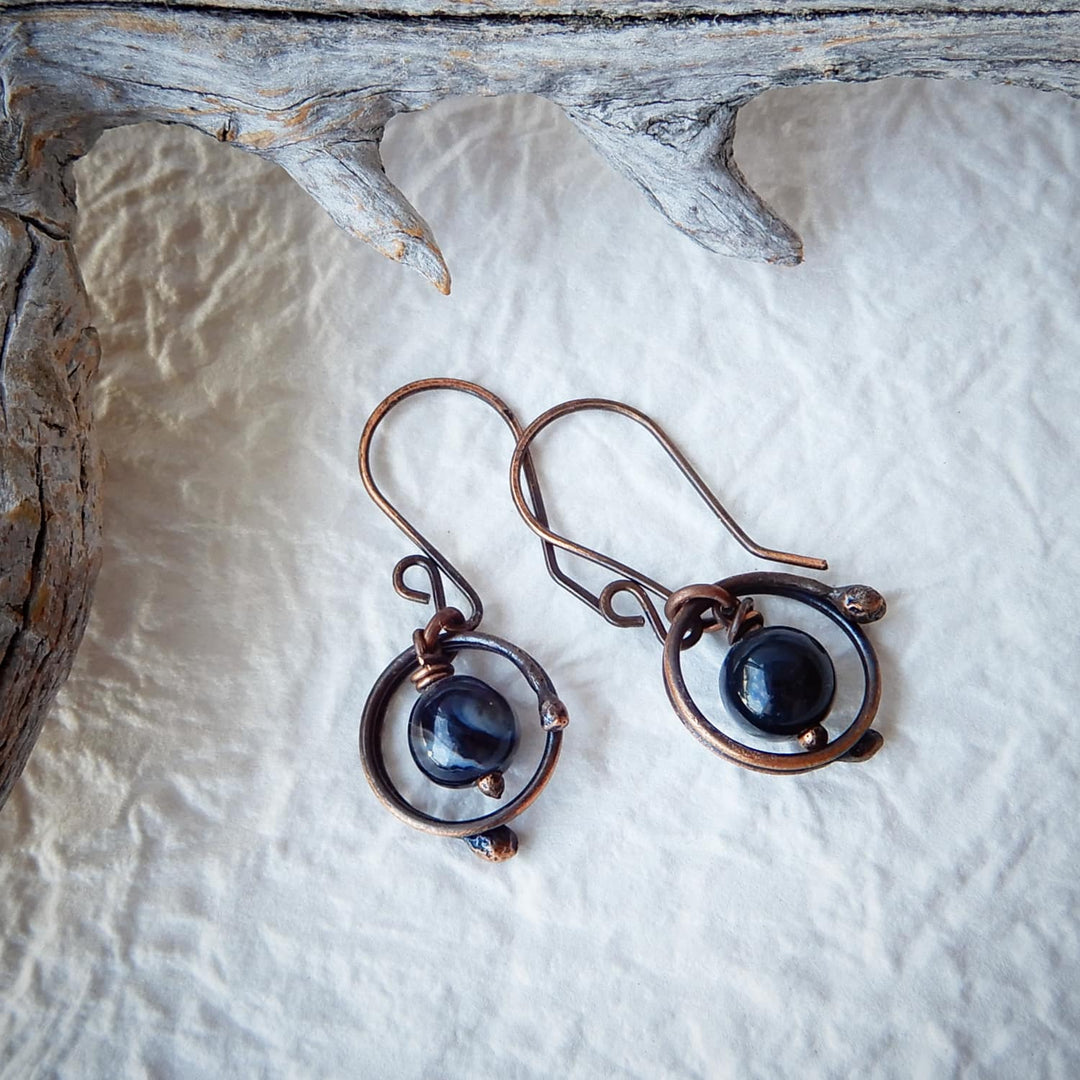 BLACK AGATE HOOP DANGLE EARRINGS