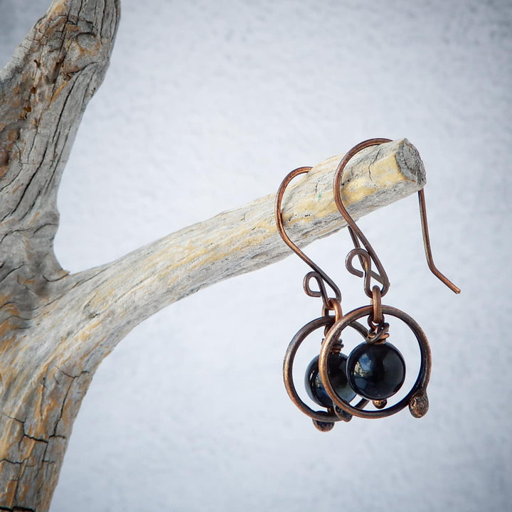 BLACK AGATE HOOP DANGLE EARRINGS