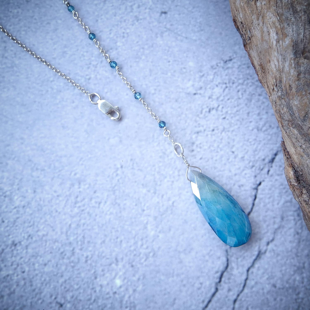 SILVER BLUE AND TOPAZ MOONSTONE LARIAT NECKLACE