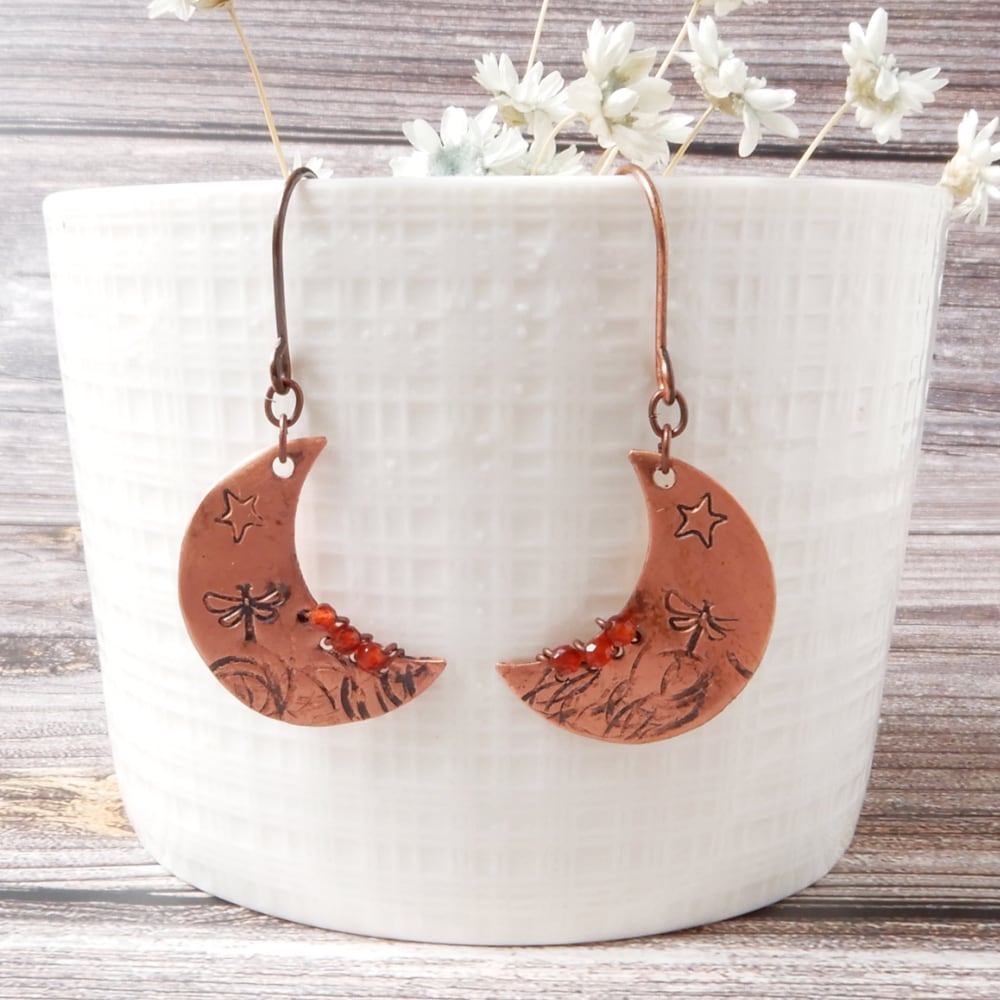 Dragonfly Crescent Moon Dangle Earrings