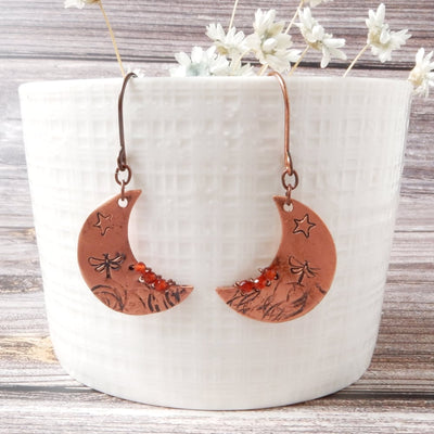 Dragonfly Crescent Moon Dangle Earrings