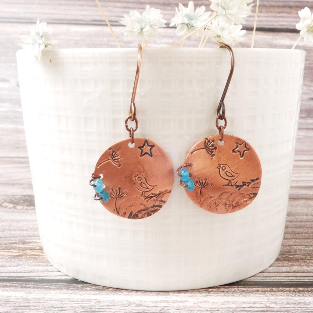 Hand-Stamped Bird Copper Disc Dangle Earrings