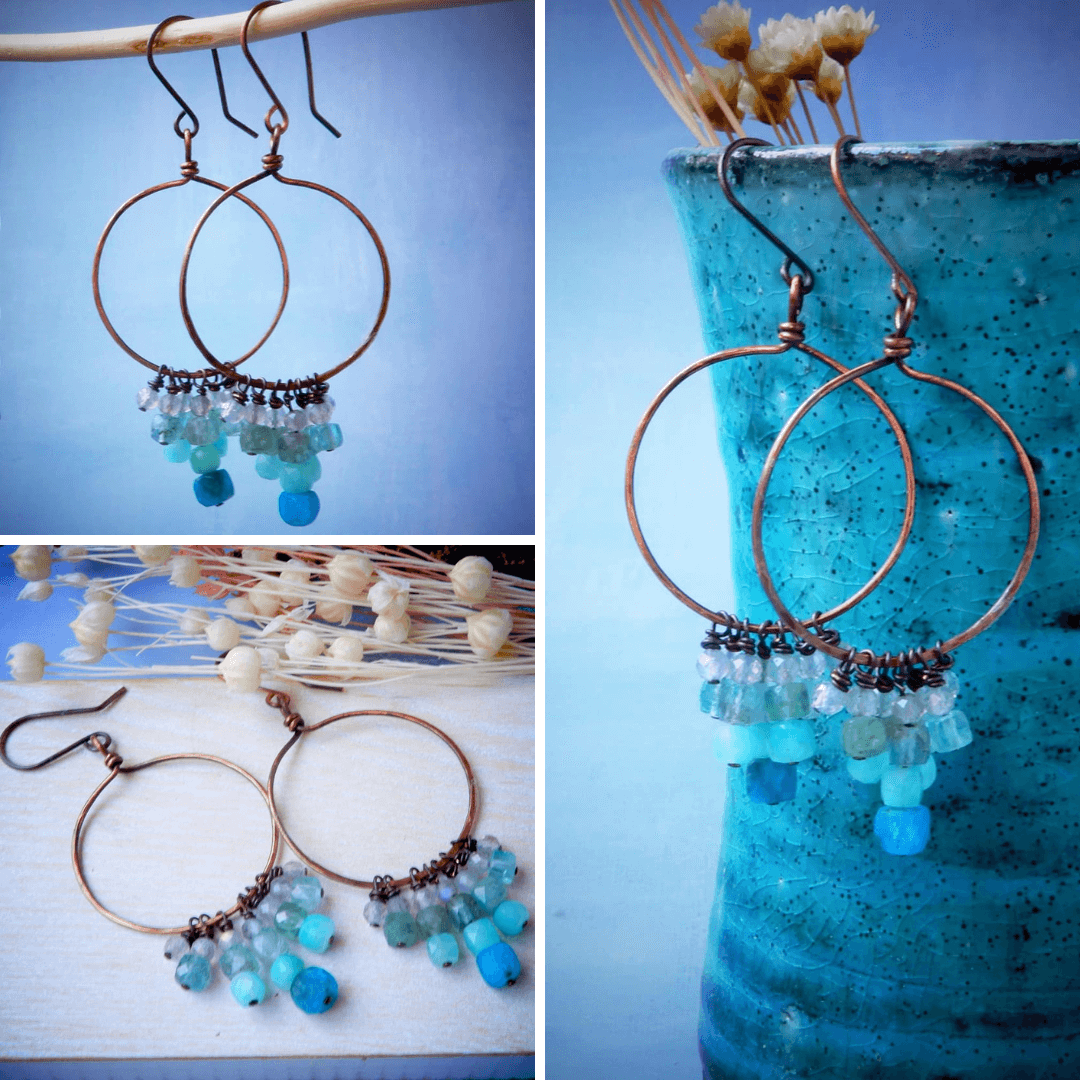 copper hoop dangle earrings in blue