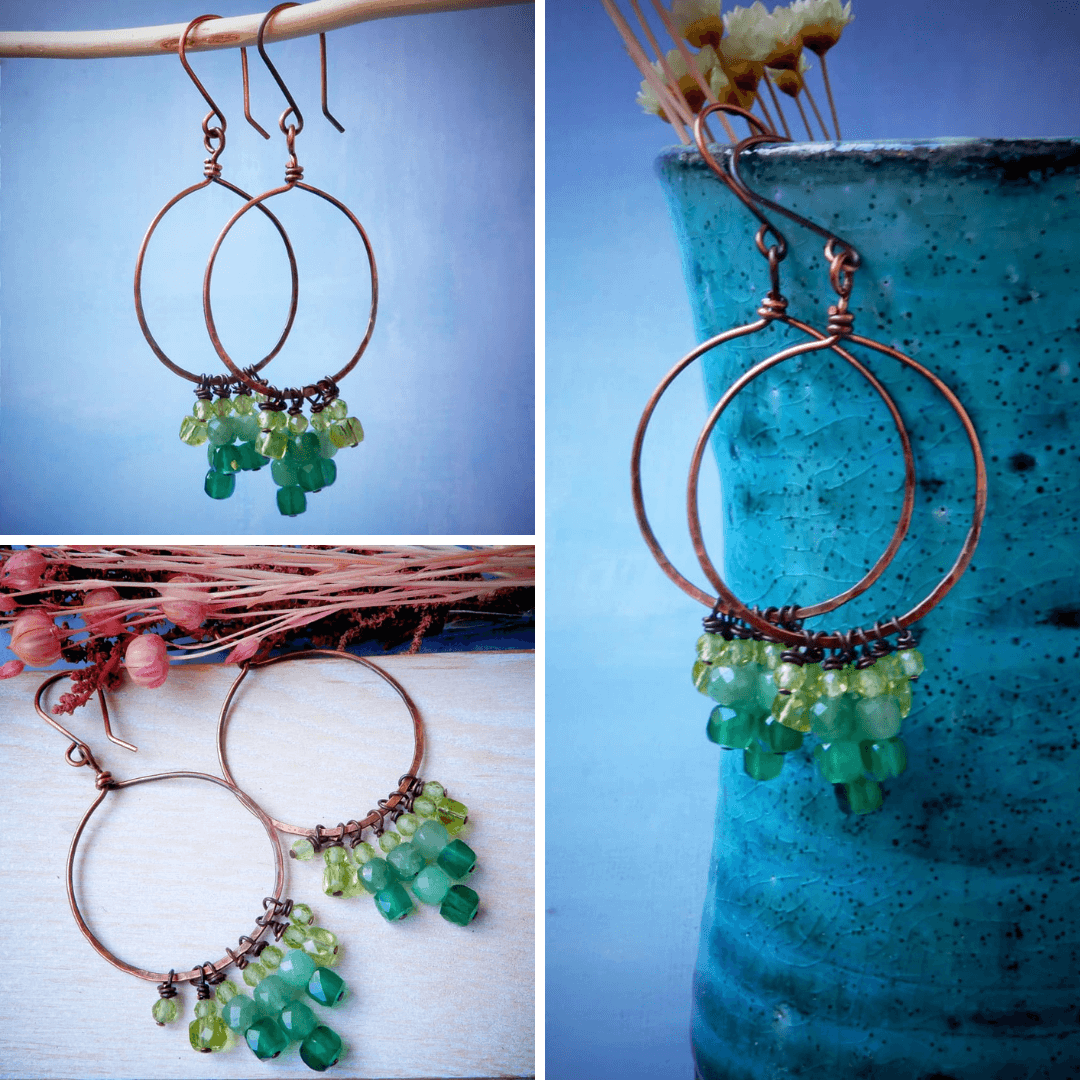 copper hoop dangle earrings in green