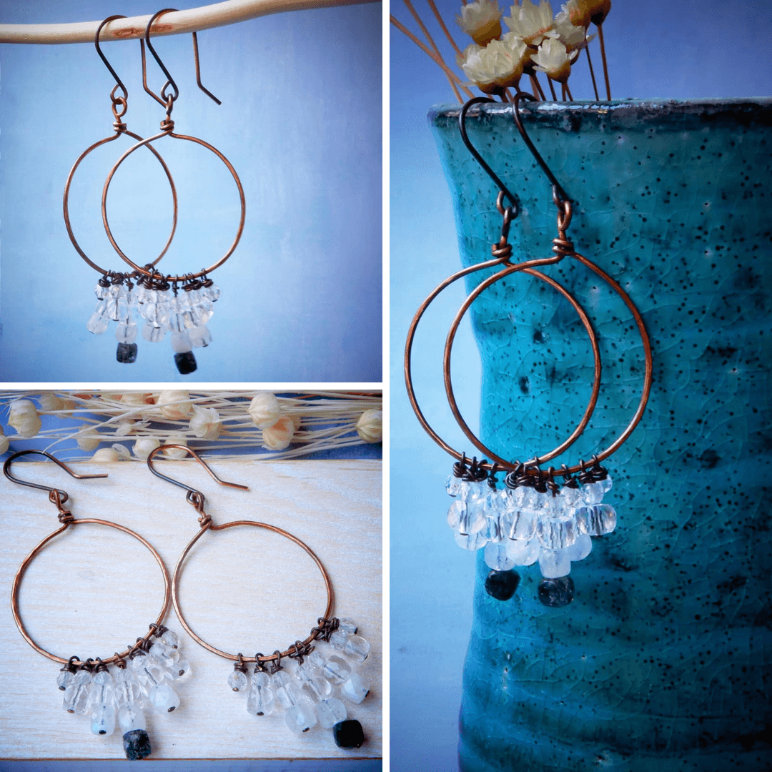 copper hoop dangle earrings in white