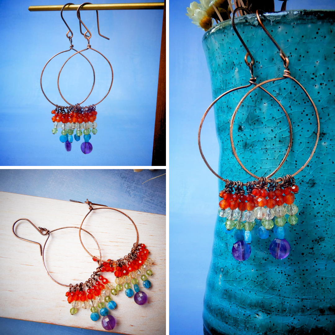 copper hoop cube gemstone dangle earrings rainbow