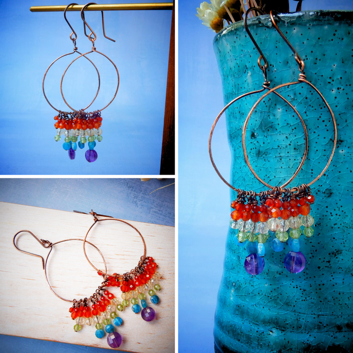 copper hoop cube gemstone dangle earrings rainbow