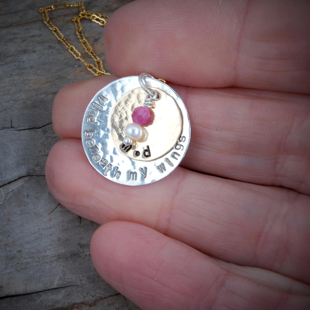 double disk gold and silver message pendant size display